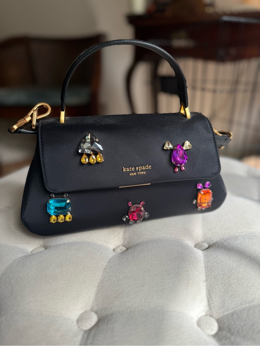 kate spade Black Jeweled Satin Satchel